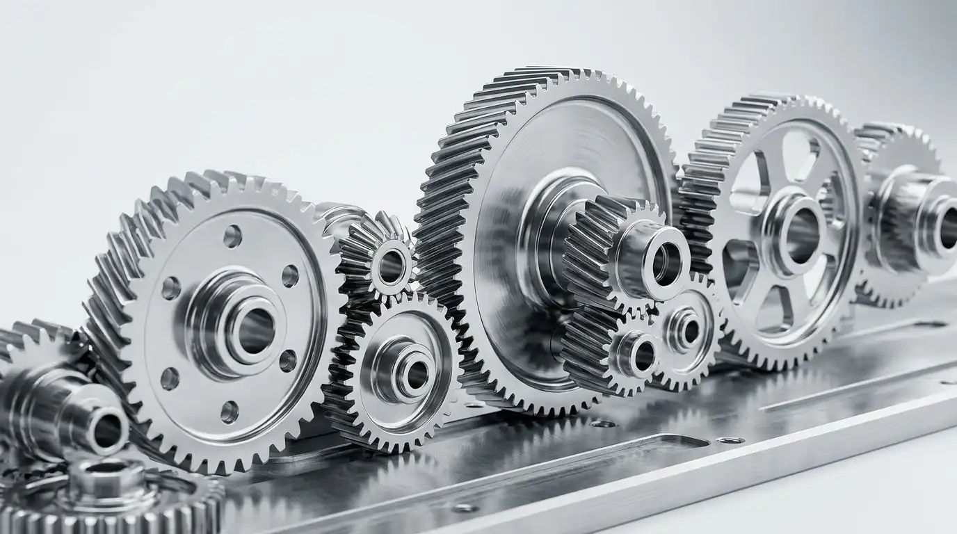Interlocking chrome gears and machined transmission parts on a polished metal surface