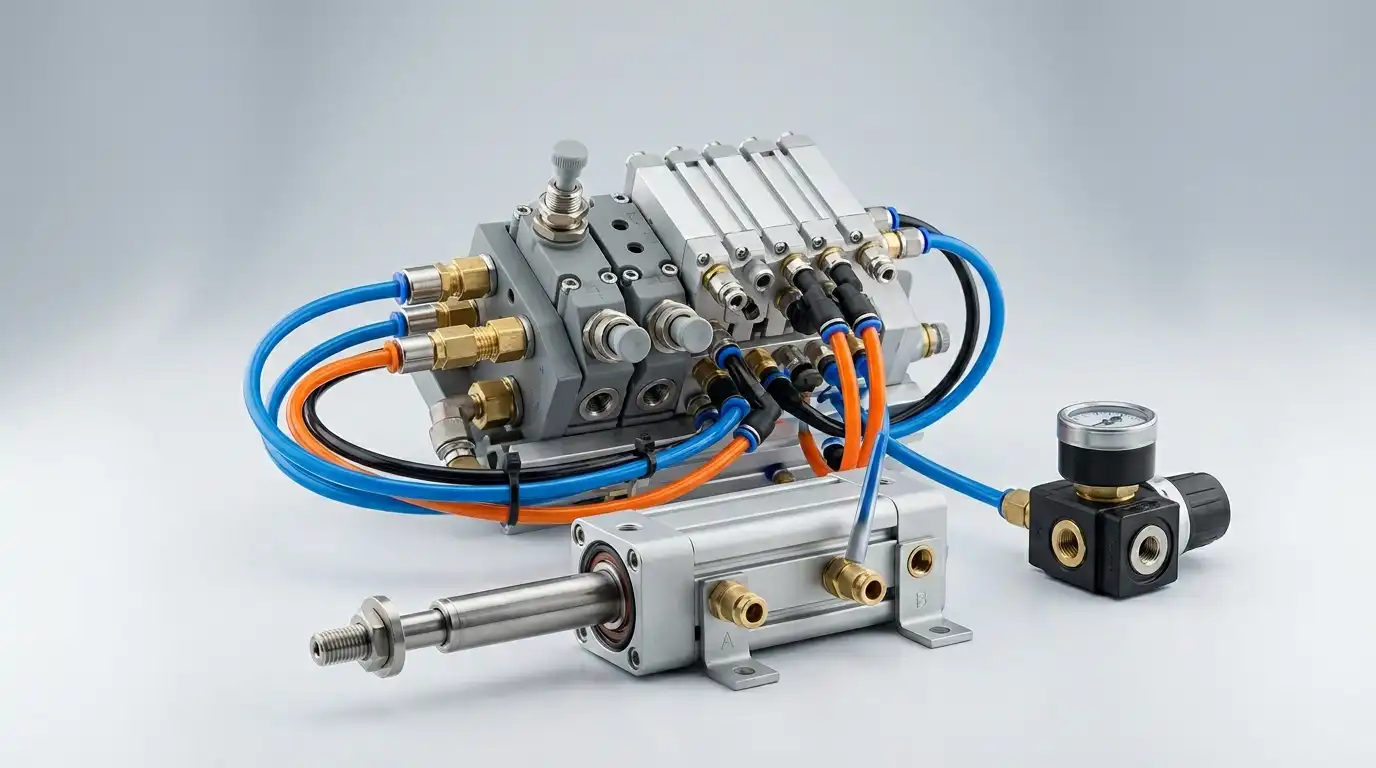 Pneumatic automation kit with cylinder, manifold, sensors, and air preparation components