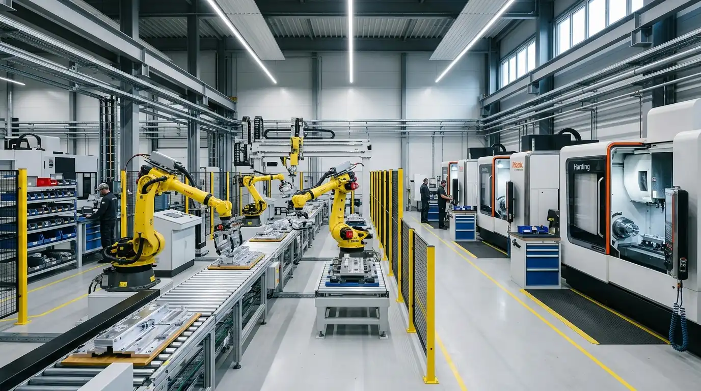 Automated CNC line with robotic handling arms inside a modern factory